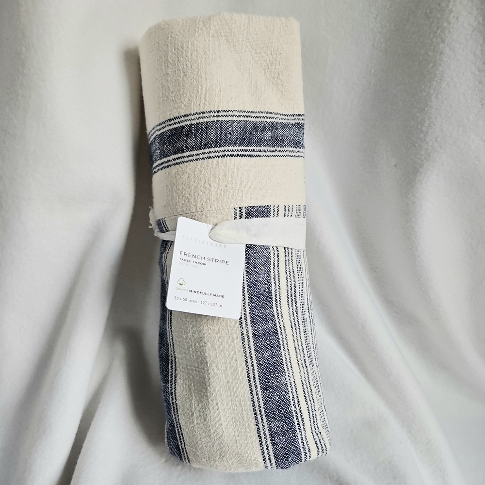 Pottery Barn French Stripe Patchwork Table Throw 50" Blue Organic Cotton New